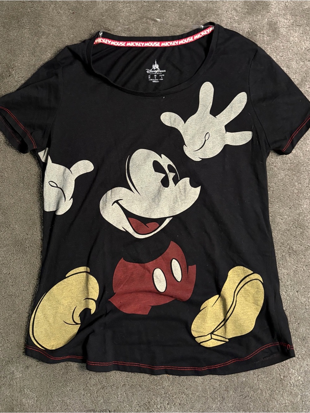Disney Black Mickey Mouse Short Sleeve Tee with Red and Yellow Graphic